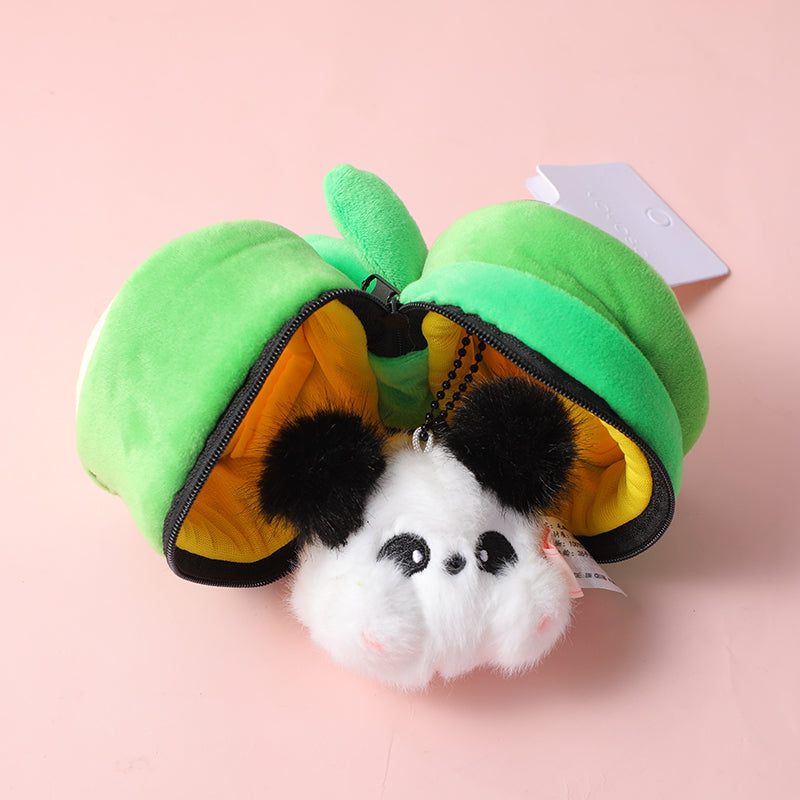 Panda grasso che sta a casa con scatola portaoggetti peluche portachiavi