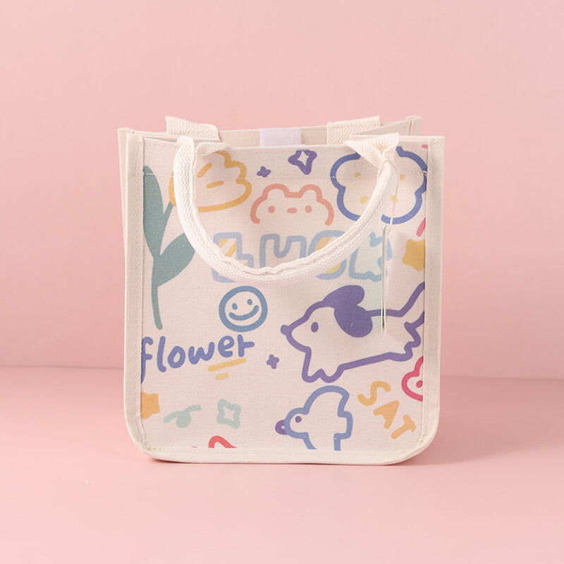 Borsa da pranzo portatile in tessuto grigio con graffiti a forma di fiore di animali