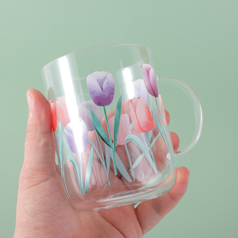 Tazza in vetro con motivo a tulipano - 470 ml