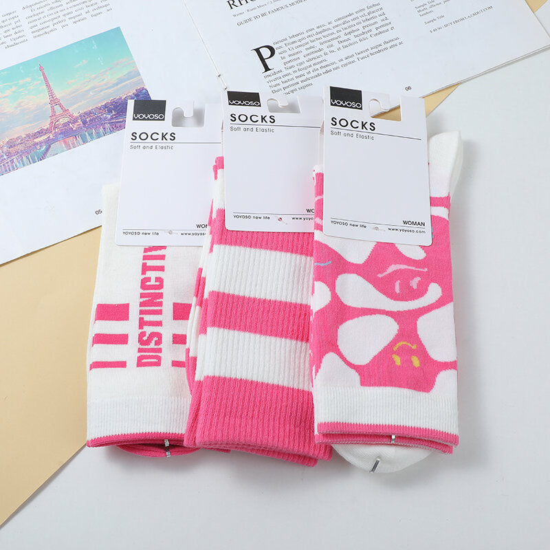 Calze a metà polpaccio da donna a righe divertenti rosso rosa-WS071