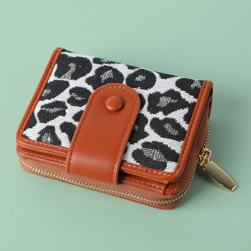 Portafoglio doppio pieghevole con cerniera e stampa leopardata - piccolo