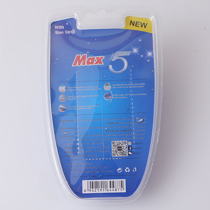 Rasoio da uomo a 5 strati in acciaio inox con manico blu (set da 5 pezzi)