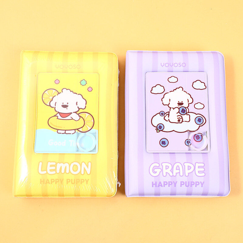 Libro puzzle colorato e fruttato antistress di Puppy Papi, con pagine interne a righe A6