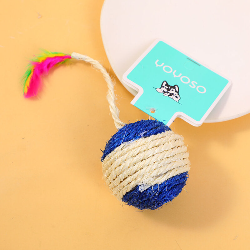 Giocattolo per cani in sisal e canapa con piume a forma di palla blu e bianca