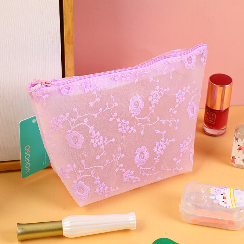 Borsa per il trucco a forma di documento con fiori di ciliegio viola