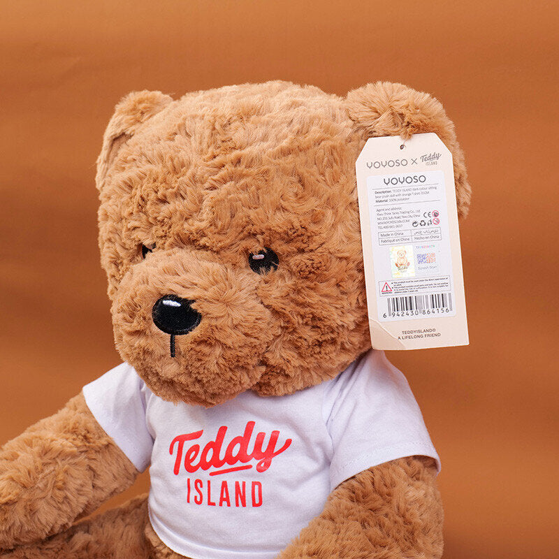 TEDDY ISLAND bambola di peluche orsetto seduto di colore scuro con maglietta arancione-35 cm