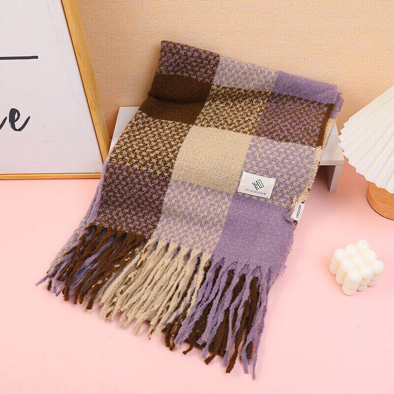 Sciarpa da donna a quadri tricolore: viola e beige