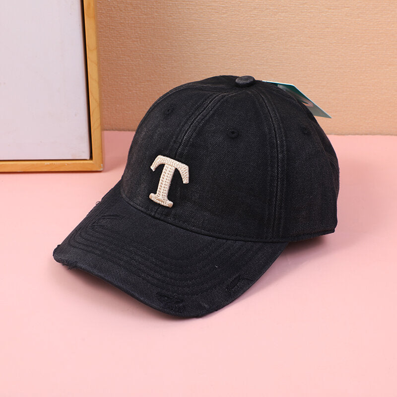 Cappellino da baseball lavabile con lettera T-nero
