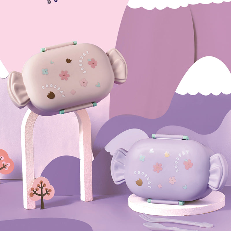 Scatola per il pranzo a due griglie a forma di caramella, comprensiva di forchetta e cucchiaio