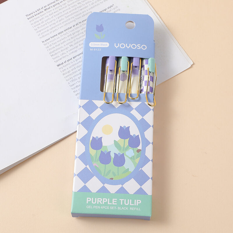 Set di 4 pezzi di penna gel a tulipano viola - ricarica nera