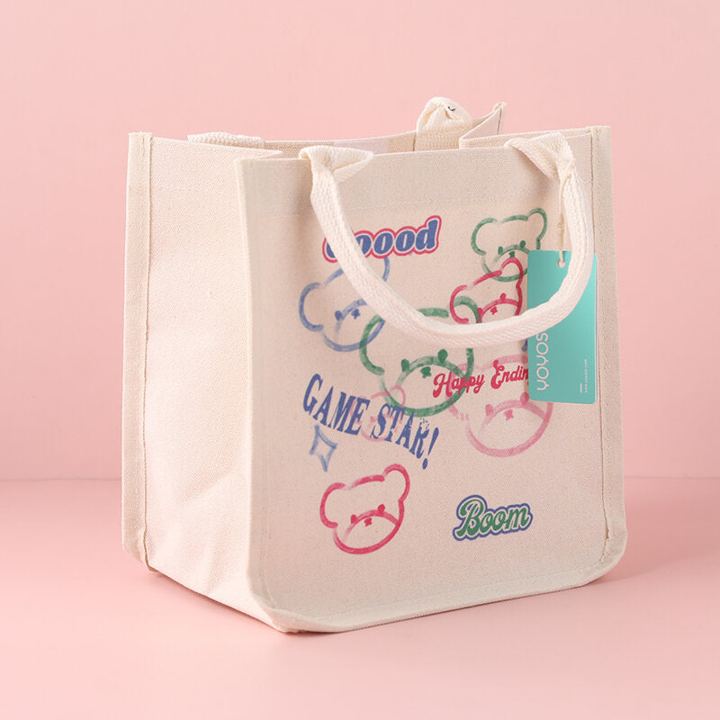 Borsa portapranzo portatile in tessuto grigio con graffiti a forma di orsetto