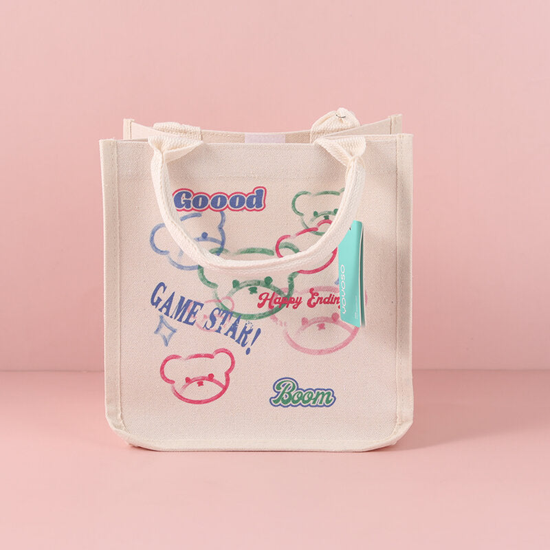 Borsa portapranzo portatile in tessuto grigio con graffiti a forma di orsetto