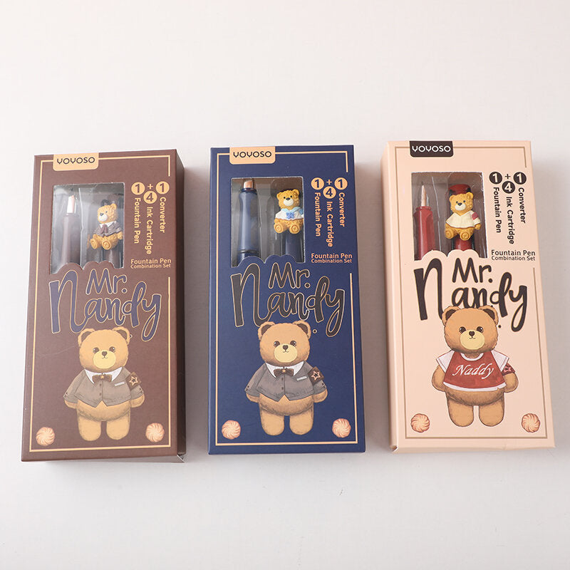 Set di penne stilografiche con orso Nandy e 4 sacche d'inchiostro - ricarica nera