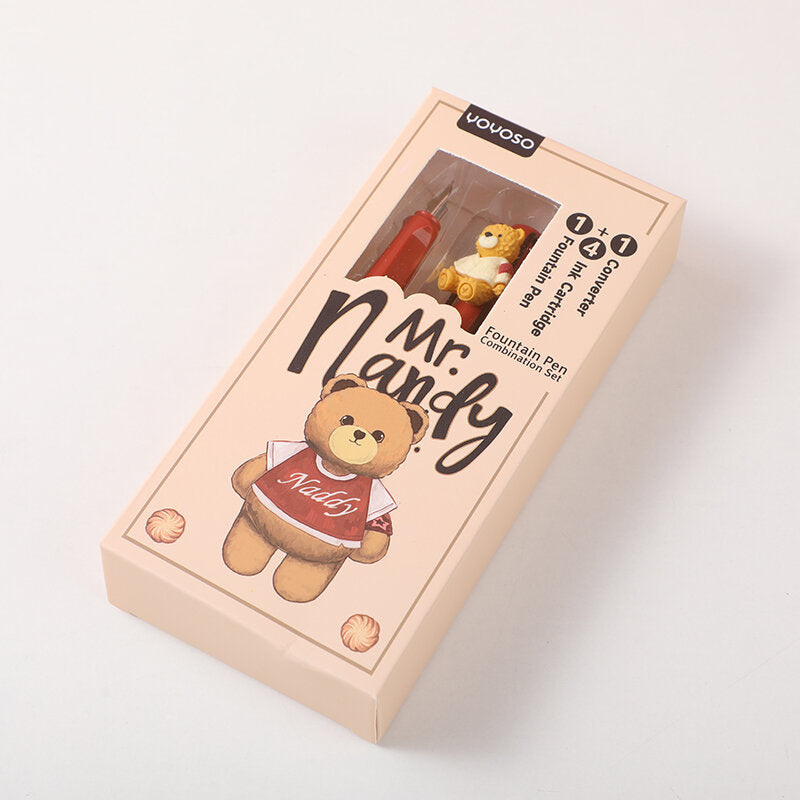 Set di penne stilografiche con orso Nandy e 4 sacche d'inchiostro - ricarica nera