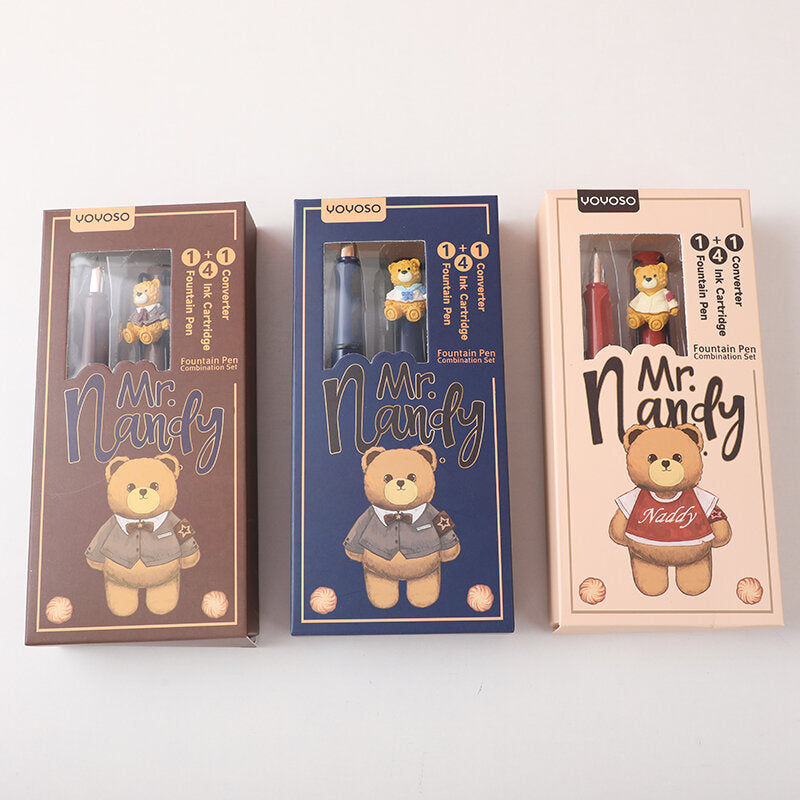 Set di penne stilografiche con orso Nandy e ricarica di 4 sacche d'inchiostro blu