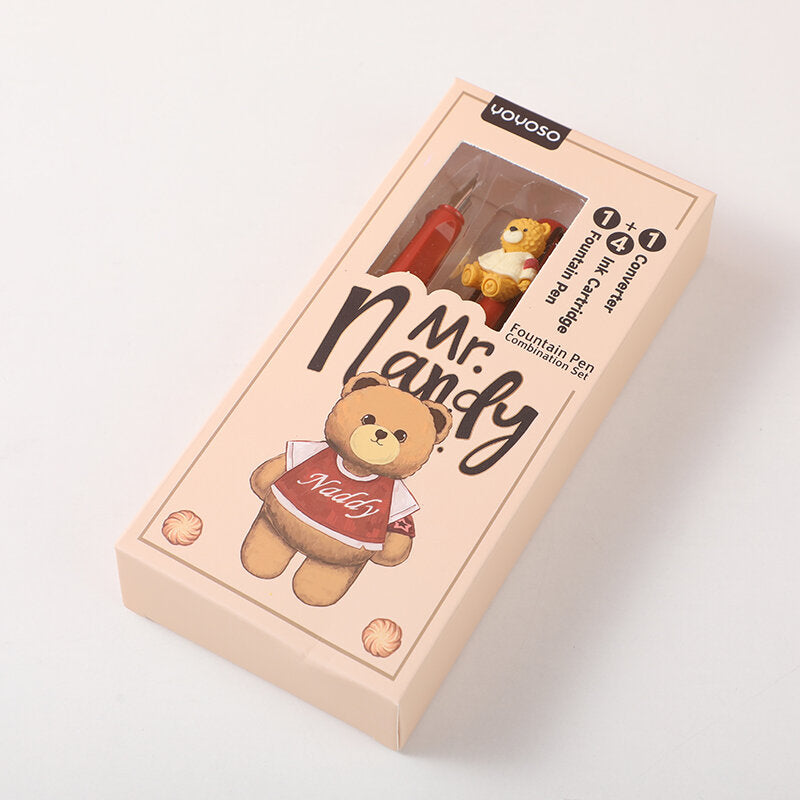 Set di penne stilografiche con orso Nandy e ricarica di 4 sacche d'inchiostro blu