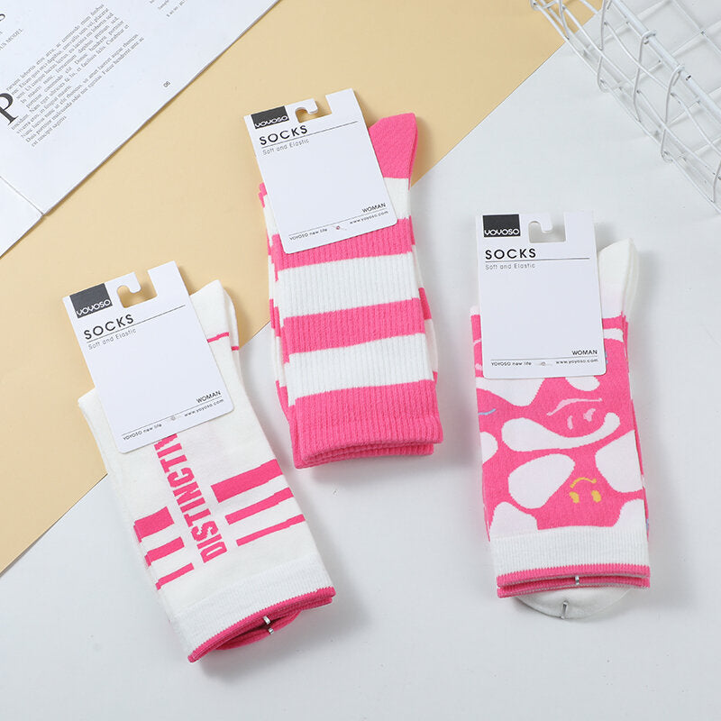 Calze a metà polpaccio da donna a righe divertenti rosso rosa-WS071