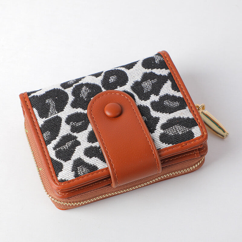 Portafoglio doppio pieghevole con cerniera e stampa leopardata - piccolo