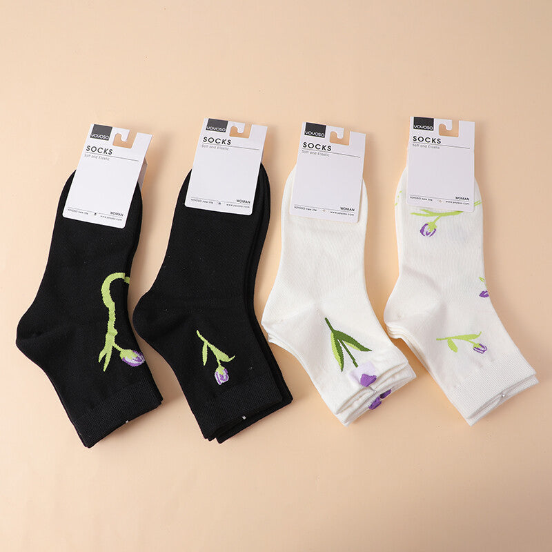 Calzini da donna a metà polpaccio con fiori bianchi e neri, 2 paia