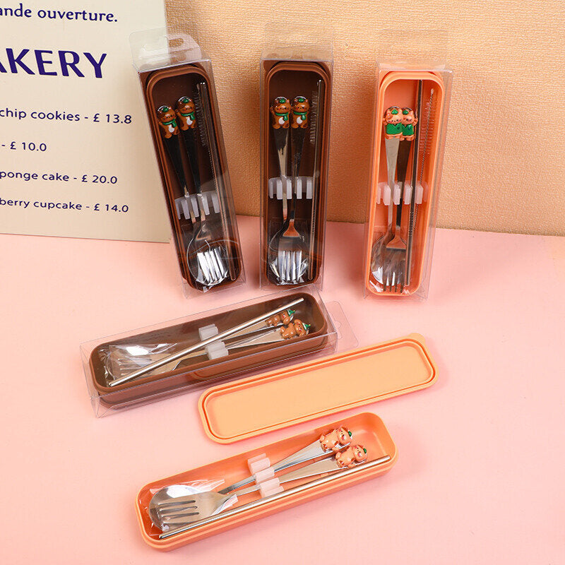 Set di cucchiaio, forchetta e cannuccia da viaggio Kitty Cat