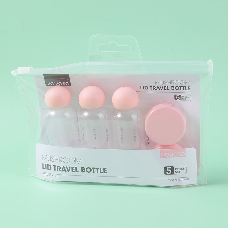 Set di 5 pezzi di bottiglie da viaggio con codichio a fungo