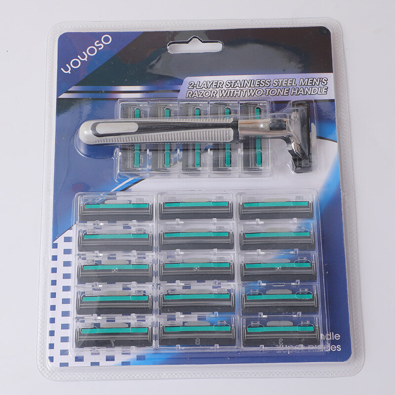 Rasoio da uomo in acciaio inox a 2 strati con impugnatura bicolore (1 pz impugnatura+20 pz lame)