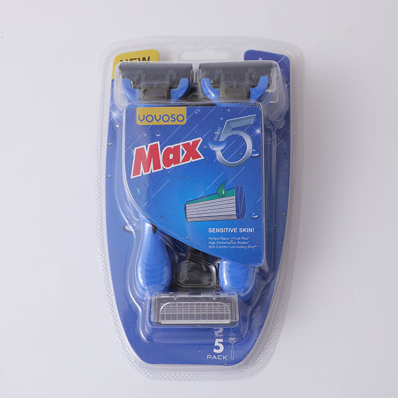 Rasoio da uomo a 5 strati in acciaio inox con manico blu (set da 5 pezzi)