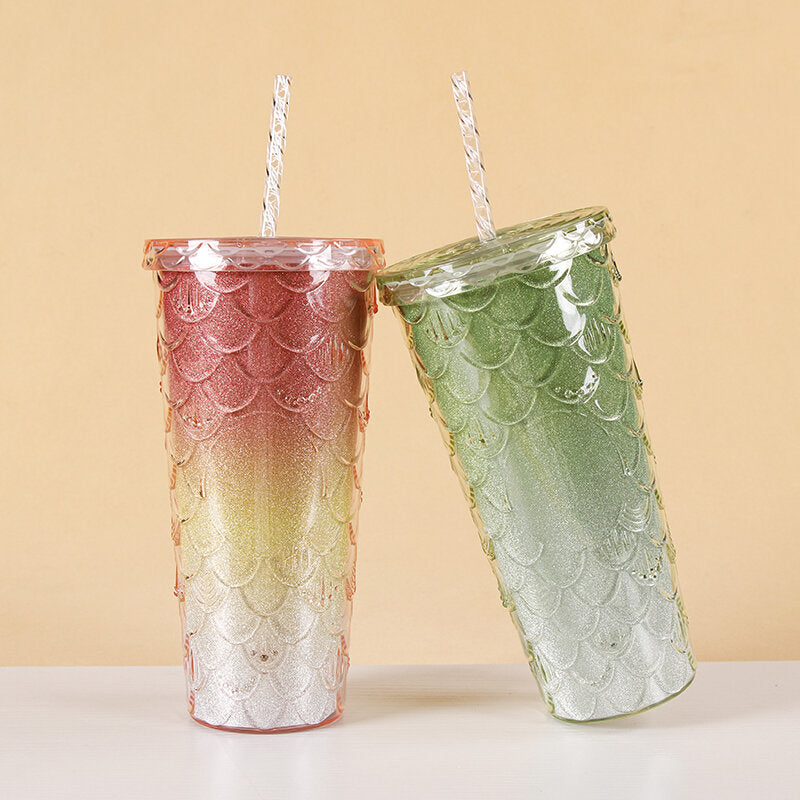 Bicchiere di plastica con motivo a squame di pesce arcobaleno - 630 ml