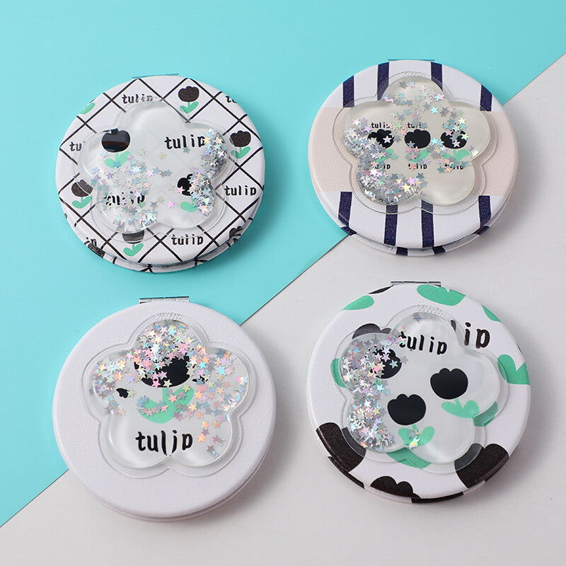 Specchio rotondo alla moda con tulipano a foglia verde e morbida sabbia mobile