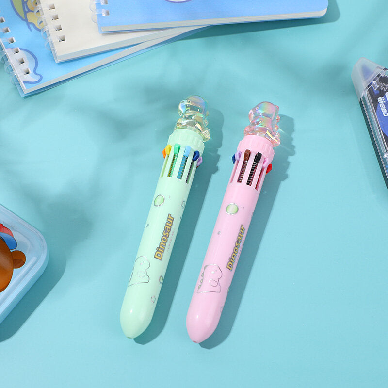 Penna a sfera a dieci colori con piccolo dinosauro di cristallo