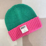 Cappello lavorato a maglia da donna con giunzione bicolore versione grande-verde