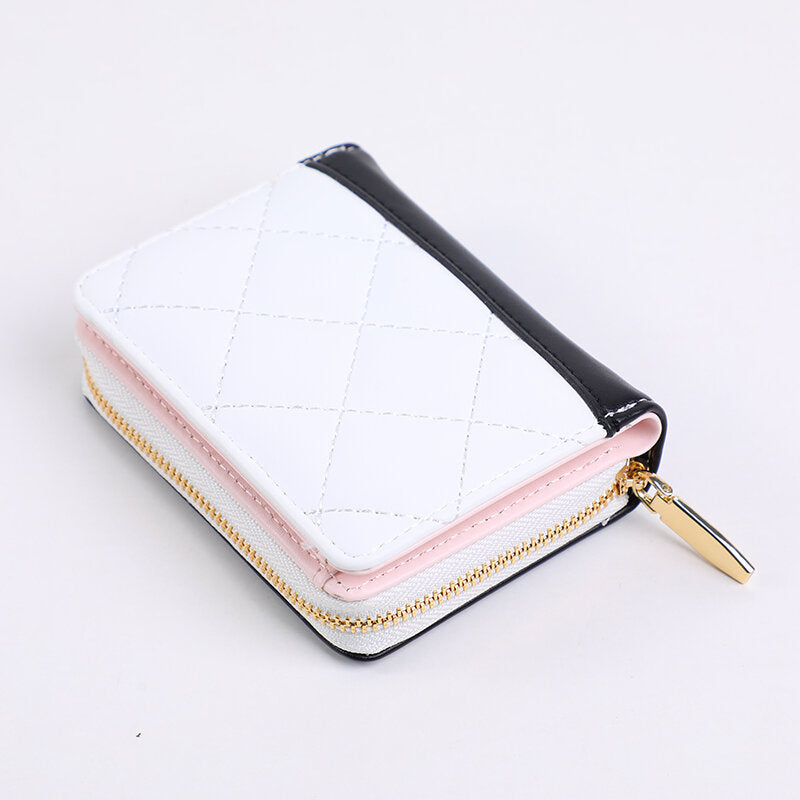 Piccolo portafoglio con cerniera doppia con giunzione a colori con rombo ricamato in 3D, bianco