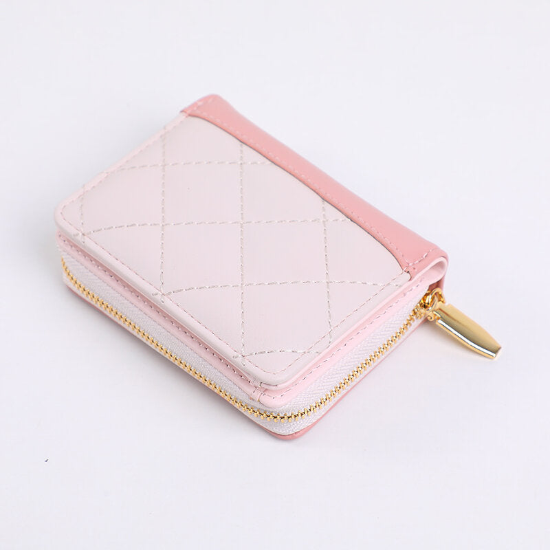 Piccolo portafoglio con cerniera a due pieghe ricamato in 3D con rombo di giunzione colorata-rosa