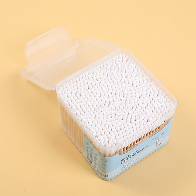 cotton fioc Scatola quadrata a conchiglia in cotone di bambù 500pz (una punta e una punta rotonda)