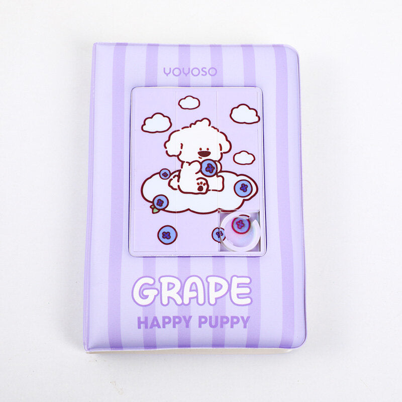 Libro puzzle colorato e fruttato antistress di Puppy Papi, con pagine interne a righe A6