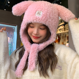 Cappello di protezione per le orecchie soffice a doppio uso di coniglio dalle orecchie lunghe del fumetto-rosa