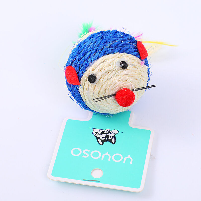 Giocattolo per cani in sisal e canapa con piume di topo blu e bianche