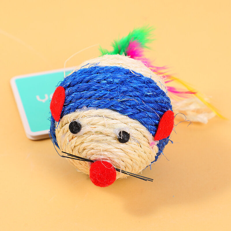 Giocattolo per cani in sisal e canapa con piume di topo blu e bianche