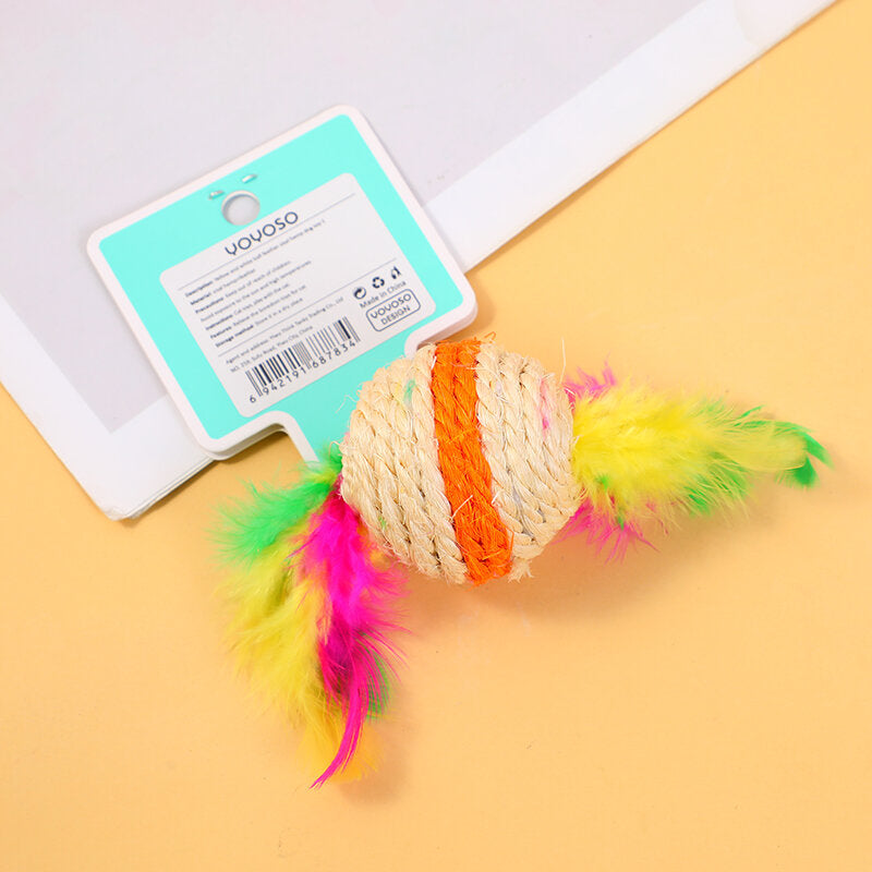 Giallo e bianco palla piuma sisal canapa giocattolo per cani-1