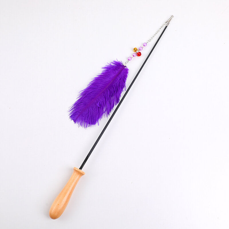 Asta retrattile con piume e manico in legno per stuzzicare i gatti