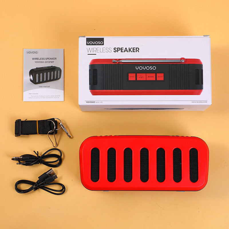 Altoparlante wireless con antenna, pannello solare e torcia elettrica, rosso