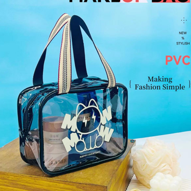 Borsa cosmetica portatile rettangolare trasparente (gatto luminoso) - piccola