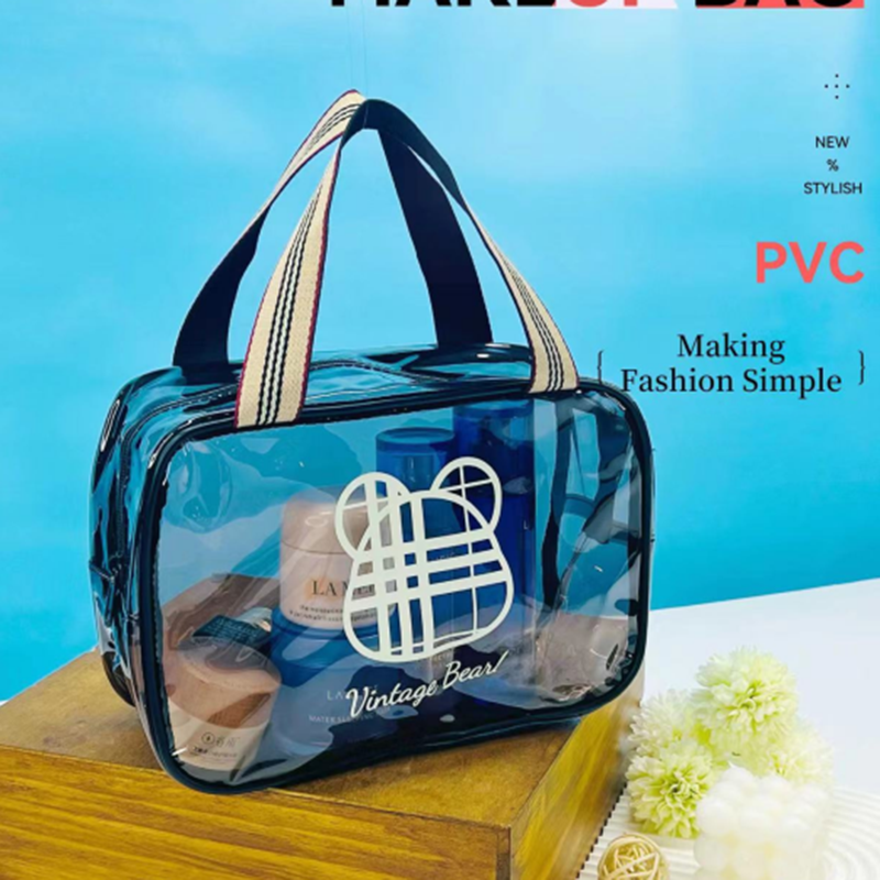 Borsa cosmetica portatile rettangolare trasparente (orso vintage) - Grande