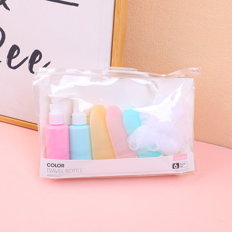 Set di 6 bottiglie da viaggio colorate (inclusa spugna da bagno)