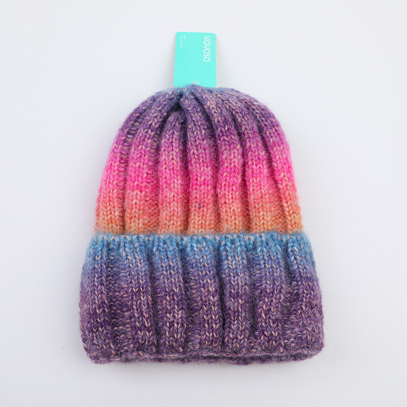 Cappello lavorato a maglia a righe verticali colorate-rosa scuro