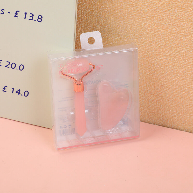 Set combinato di massaggiatore a rullo con testa singola e strumento gua sha in cristallo rosa